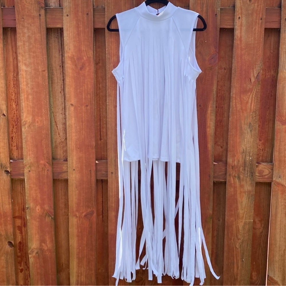 Ashley Stewart White Extra Long Fringe Mock Neck Sleeveless Top Plus 14/16
